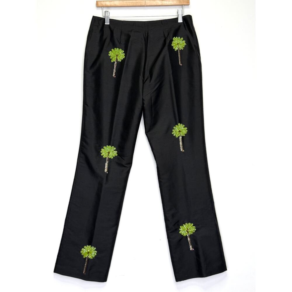CJ Laing Black Silk Beaded Palm Tree Pants Womens 10 Wide Leg Resort Artwear - Picture 5 of 6